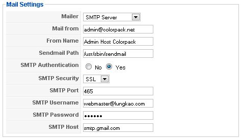 gmail smtp config for joomla